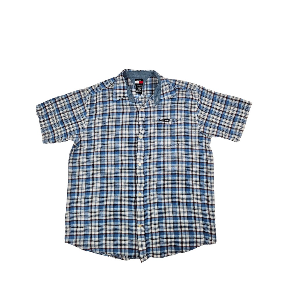 Vintage Tommy Hilfiger Blue Short Sleeve Button Up Checkered Shirt Size XL Y2K